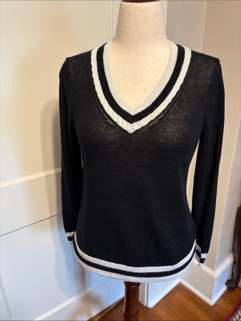 Talbots Black 100% Linen V-Neck Sweater with White Stripe Braid Trim